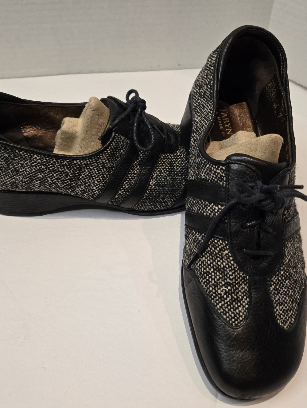 Taryn Rose Black Tweed Lace Up Flats